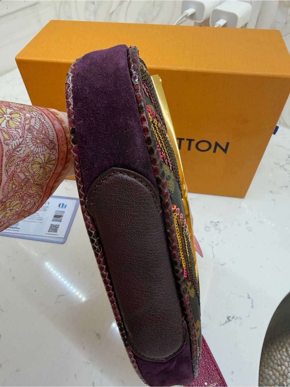 Louis Vuitton Magenta pink Sequin-Embellished Monogram Clutch with python Trim. - Picture 6 of 13